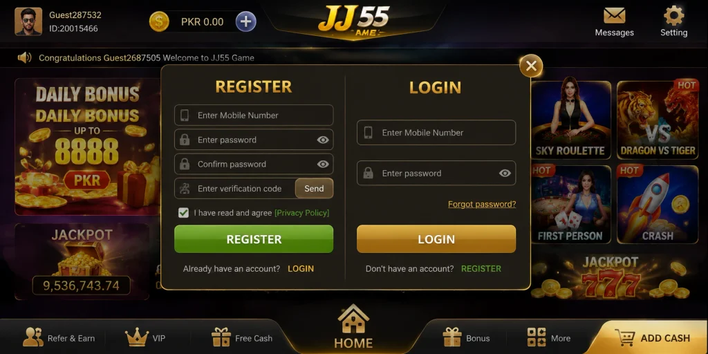 JJ55 Game Register and Login