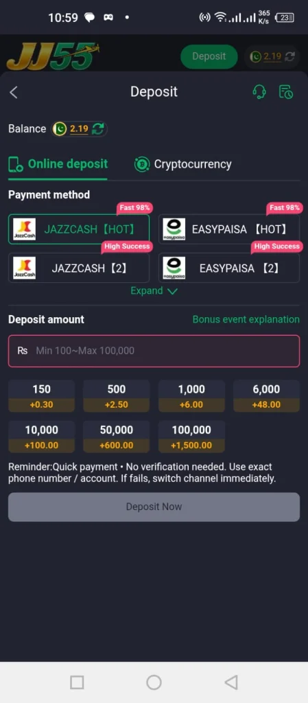 deposit and withdraw jj55 game